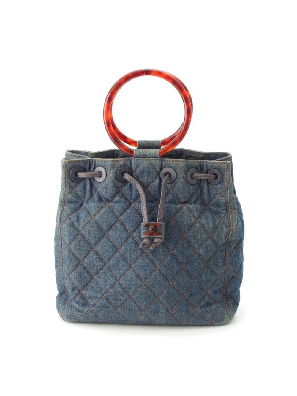 Chanel Quilted Denim CC Logo Handbag Drawstring Indigo Blue Brown